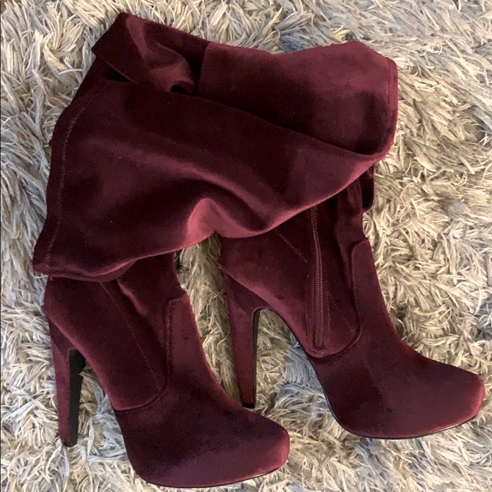 Over the knee thigh high burgundy velvet boots 7.5